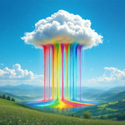 The primary subject of the image is a rainbow-colored cloud, which is floating in a blue sky. The cloud is surrounded by a lush green field, giving the scene a vibrant and serene atmosphere. The visual style of the image is a combination of photo and digital art, creating a unique and eye-catching representation of the cloud. The dominant colors in the image are blue, green, and the various hues of the rainbow, which contribute to the overall mood of the scene.